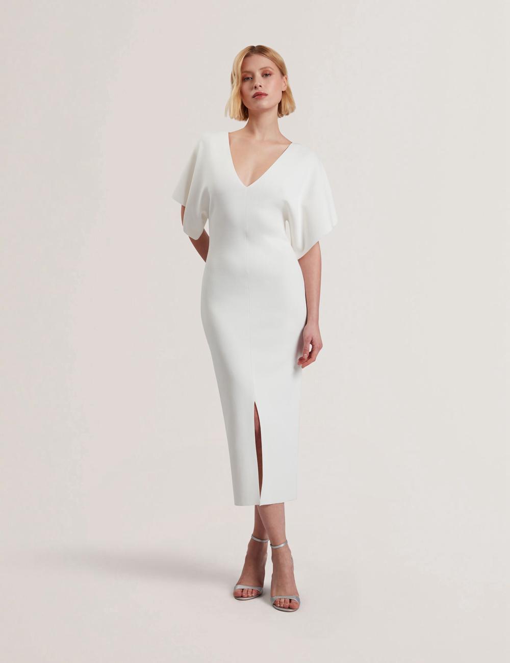 Robe Mi-longue Ted Baker REBEXXA - Wide Sleeve Knitted Bodycon Femme Ivory | Paris  65308-NZVE
