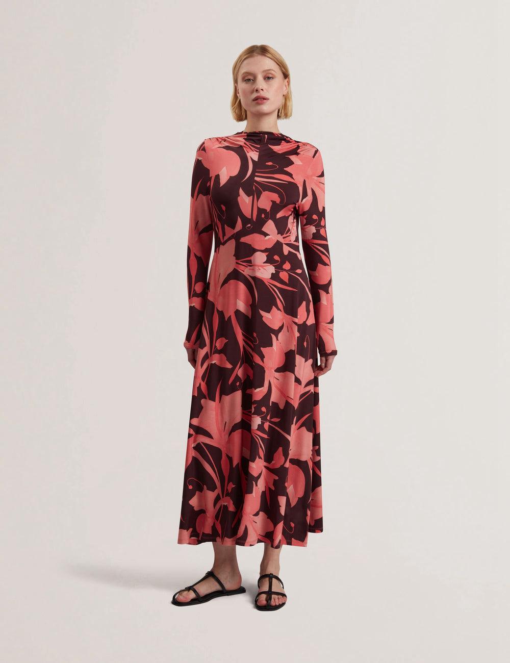 Robe Mi-longue Ted Baker STARLAH - Slinky Printed Jersey Long Sleeve Femme Marron | Paris  46951-OHXF