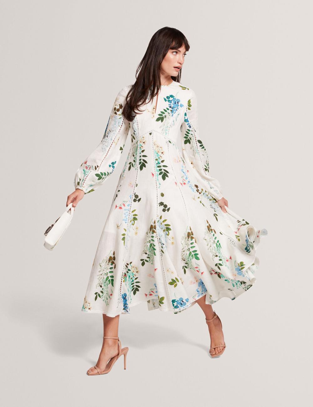 Robe Mi-longue Ted Baker UTALA - Floral Crochet Trim Linen Femme Blanche | Paris  08359-EBYZ