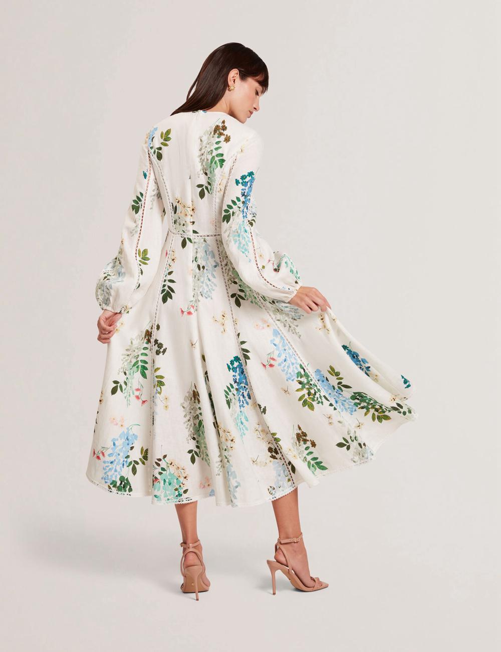 Robe Mi-longue Ted Baker UTALA - Floral Crochet Trim Linen Femme Blanche | Paris  08359-EBYZ