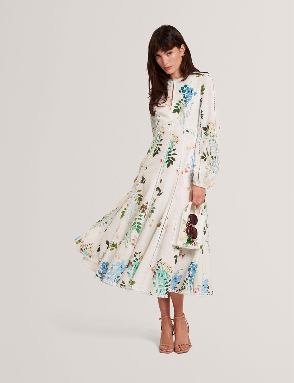 Robe Mi-longue Ted Baker UTALA - Floral Crochet Trim Linen Femme Blanche | Paris  08359-EBYZ