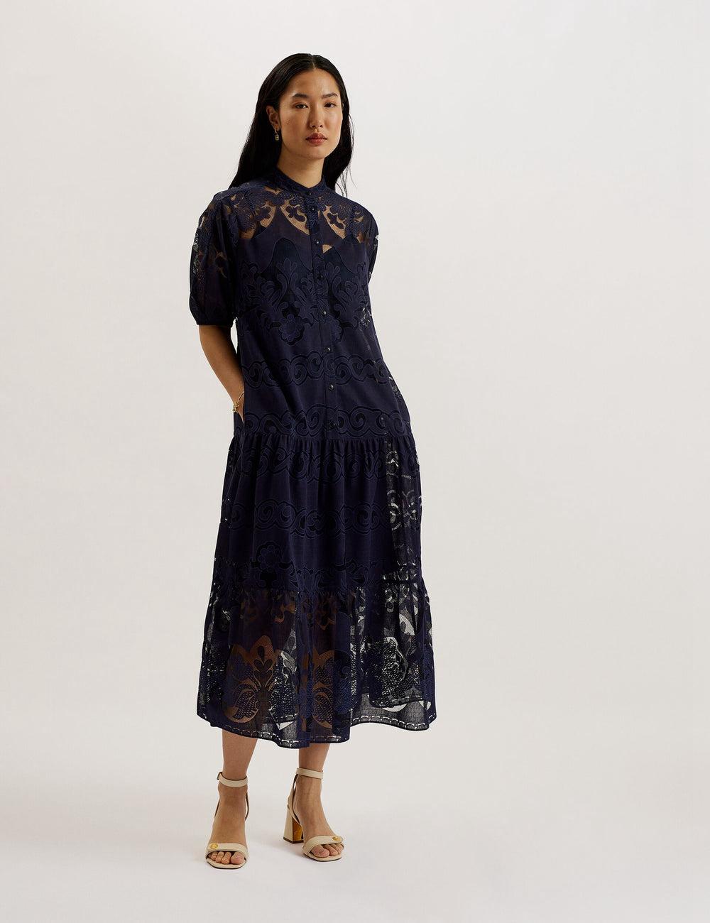 Robe Mi-longue Ted Baker XATIVA - Lace Puff Sleeve Midi Shift Femme Bleu | Paris  85370-TPLM