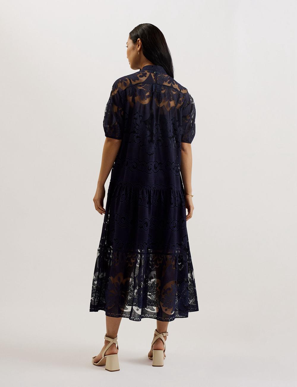 Robe Mi-longue Ted Baker XATIVA - Lace Puff Sleeve Midi Shift Femme Bleu | Paris  85370-TPLM