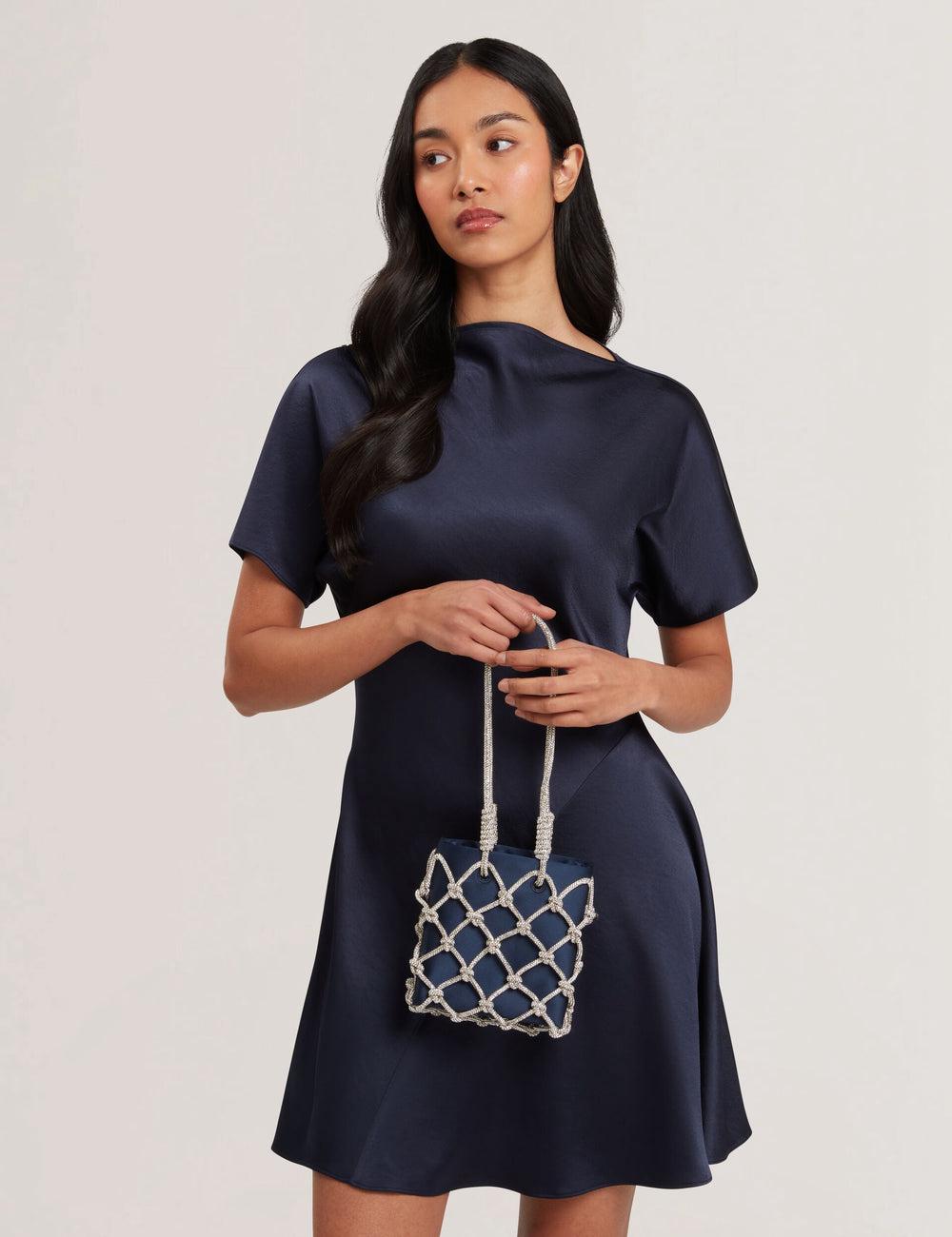 Sac Porté Épaule Ted Baker KYLIA - Crystal Cage Satin Mini Femme Bleu Marine | Paris  06219-JGMS