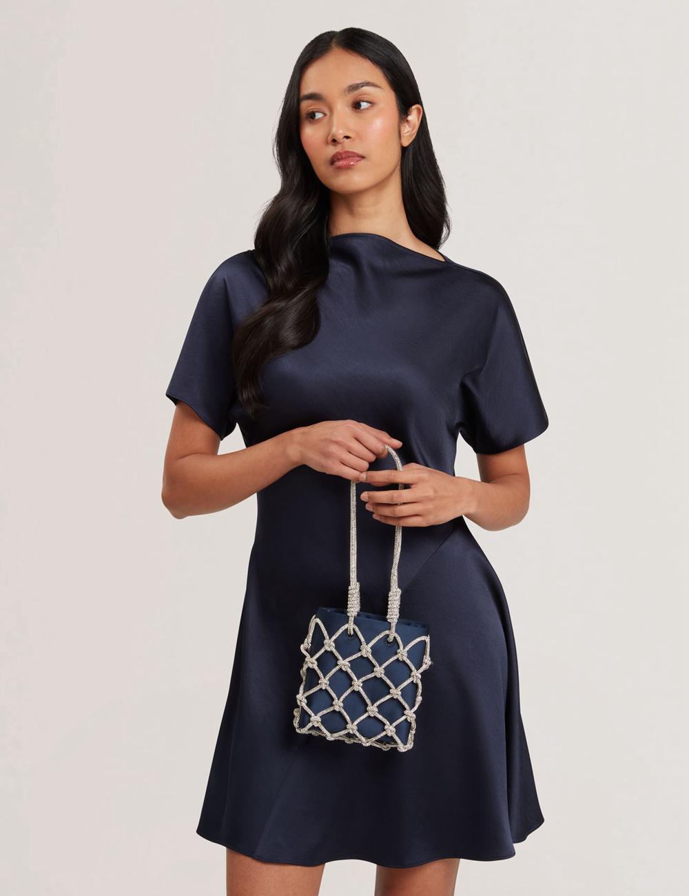 Sac Porté Épaule Ted Baker KYLIA - Crystal Cage Satin Mini Femme Bleu Marine | Paris  06219-JGMS