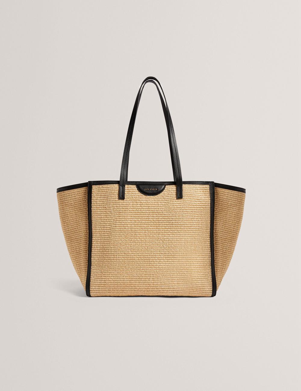 Sac Shopping Ted Baker BARNI - Faux Raffia Leather Trim Large Shopper Femme Noir | Paris  34971-PWCB