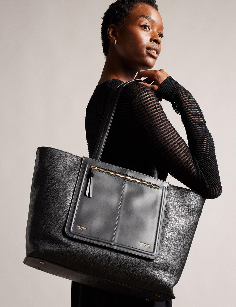 Sac Shopping Ted Baker NISH - Wide Leather Shopper With Zip Pocket Femme Noir | Paris  65029-WYQP