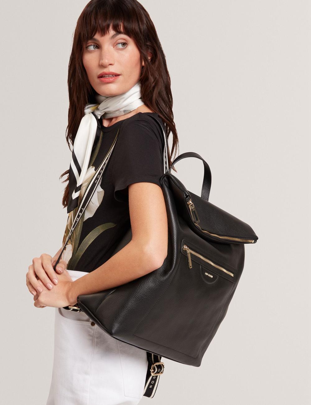 Sacs à Dos Ted Baker ESSAYA - Leather Webbing Strap Fold Over Femme Noir | Paris  24103-TOMQ