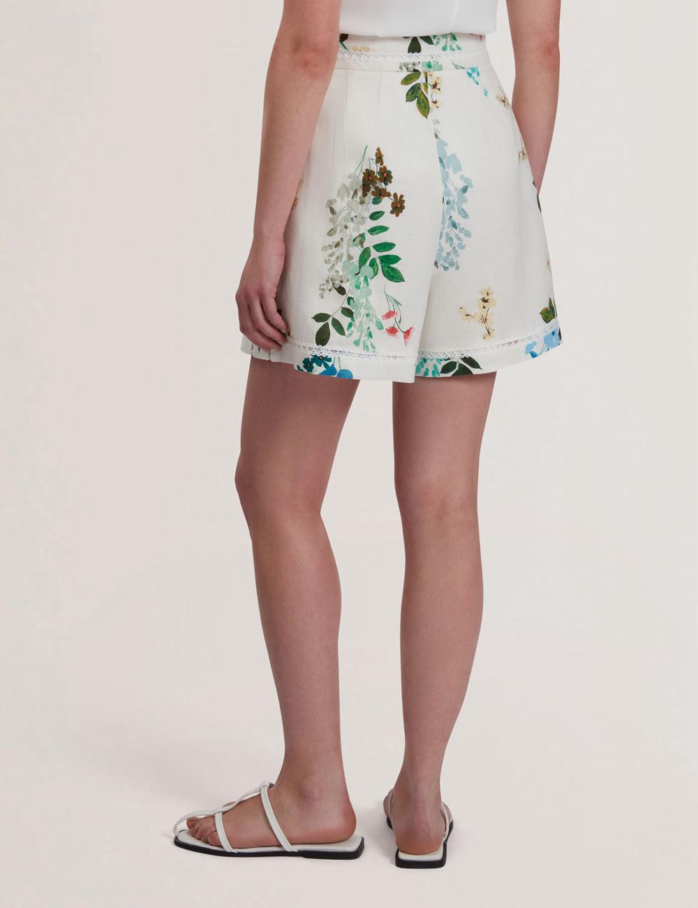Short Ted Baker VYLLA - Floral High Waist Linen With Trim Detail Femme Blanche | Paris  78645-YPNT
