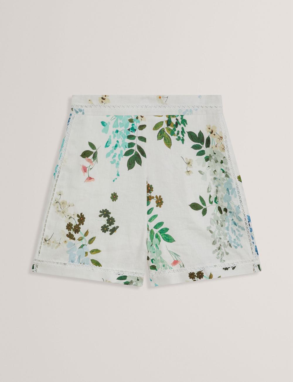 Short Ted Baker VYLLA - Floral High Waist Linen With Trim Detail Femme Blanche | Paris  78645-YPNT