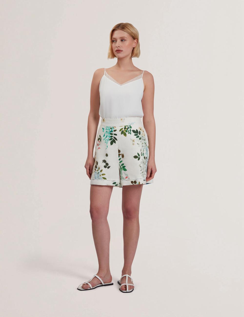 Short Ted Baker VYLLA - Floral High Waist Linen With Trim Detail Femme Blanche | Paris  78645-YPNT