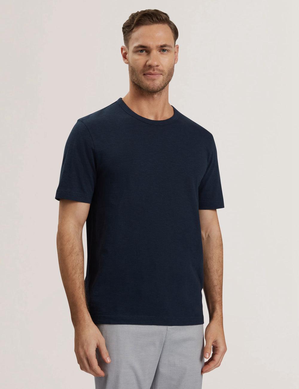 T Shirts Ted Baker BARTOL - Regular Cotton Linen Crew Neck Homme Bleu Marine | Paris  70398-BEUY