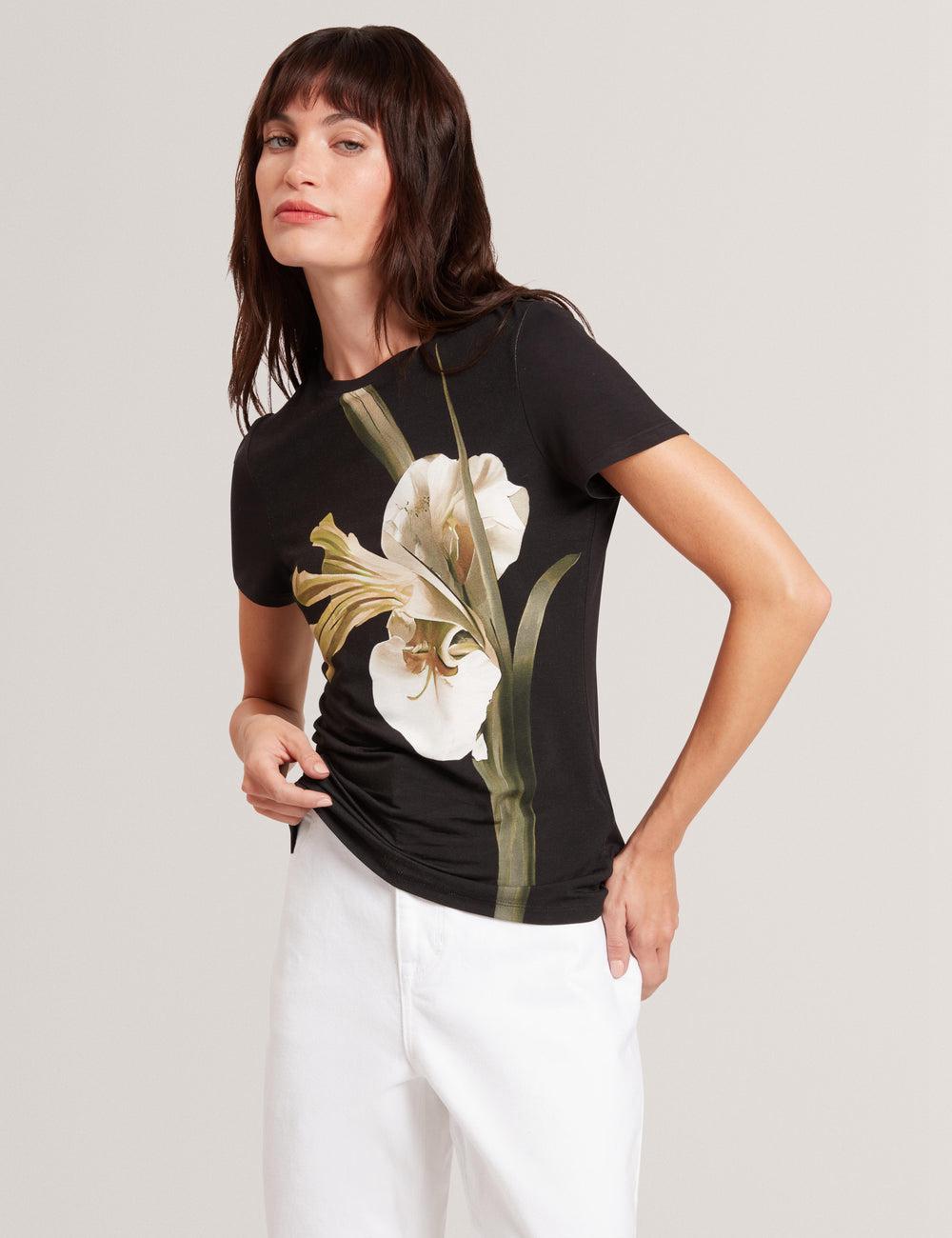 T Shirts Ted Baker GORGAA - Floral Graphic Fitted Short Sleeve Femme Noir | Paris  91857-GXZI