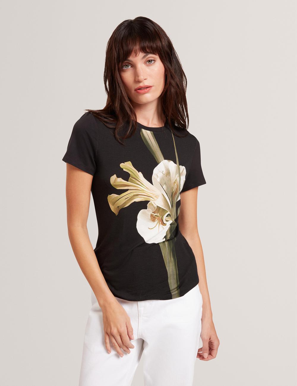 T Shirts Ted Baker GORGAA - Floral Graphic Fitted Short Sleeve Femme Noir | Paris  91857-GXZI