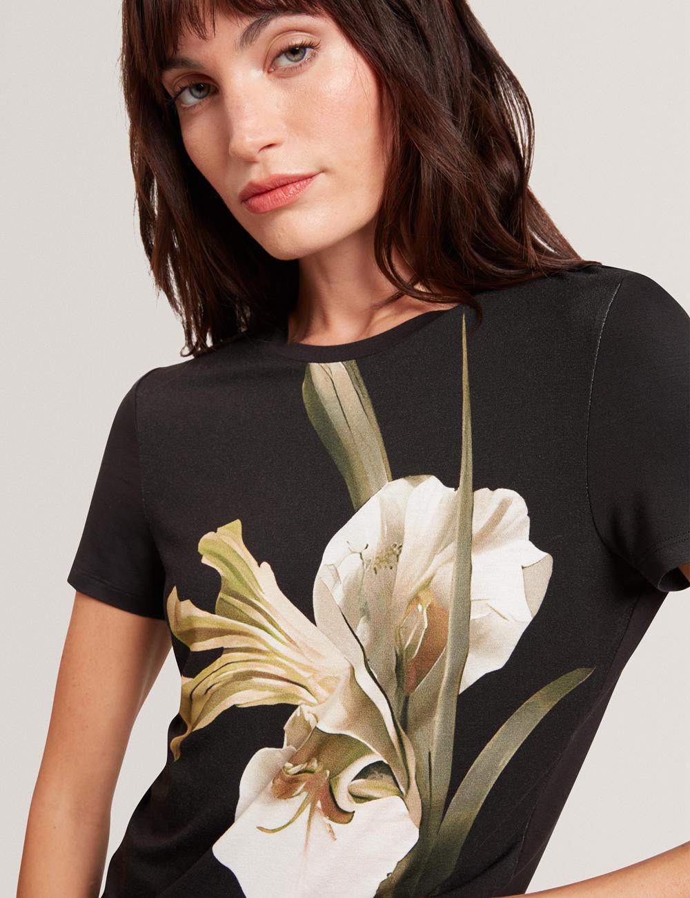 T Shirts Ted Baker GORGAA - Floral Graphic Fitted Short Sleeve Femme Noir | Paris  91857-GXZI