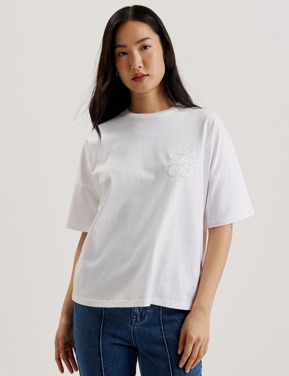 T Shirts Ted Baker MALORRY - Embroidered Logo Boxy Cotton Femme Blanche | Paris  81042-NVHI