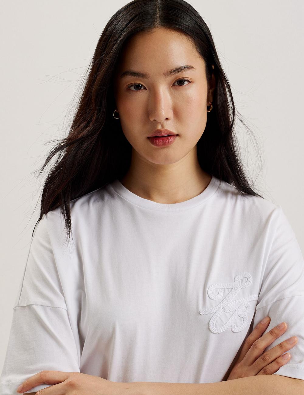 T Shirts Ted Baker MALORRY - Embroidered Logo Boxy Cotton Femme Blanche | Paris  81042-NVHI