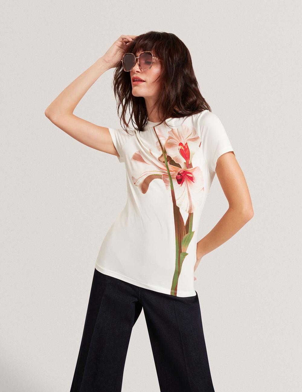 T Shirts Ted Baker MEELIEE - Floral Graphic Fitted Crew Neck Femme Rose | Paris  94632-MFBR