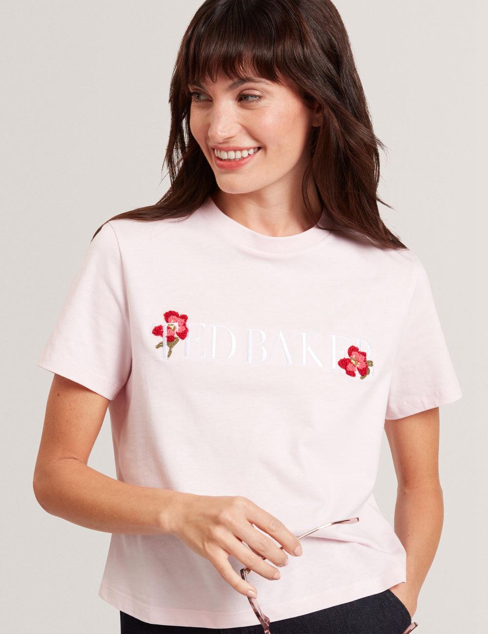 T Shirts Ted Baker MOLII - Embroidered Logo Cropped Cotton Femme Rose | Paris  48912-YHVD