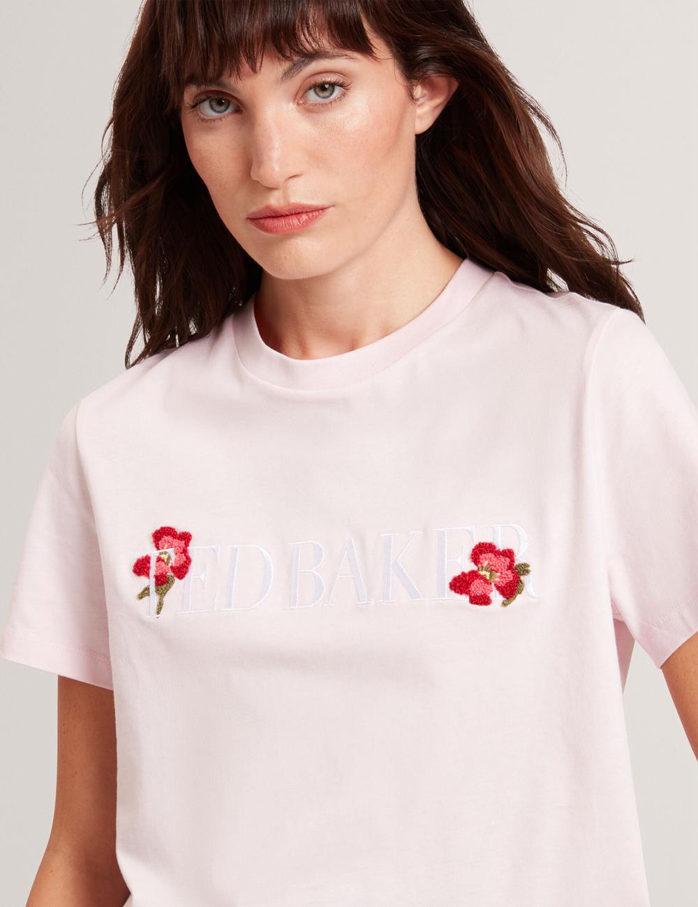T Shirts Ted Baker MOLII - Embroidered Logo Cropped Cotton Femme Rose | Paris  48912-YHVD