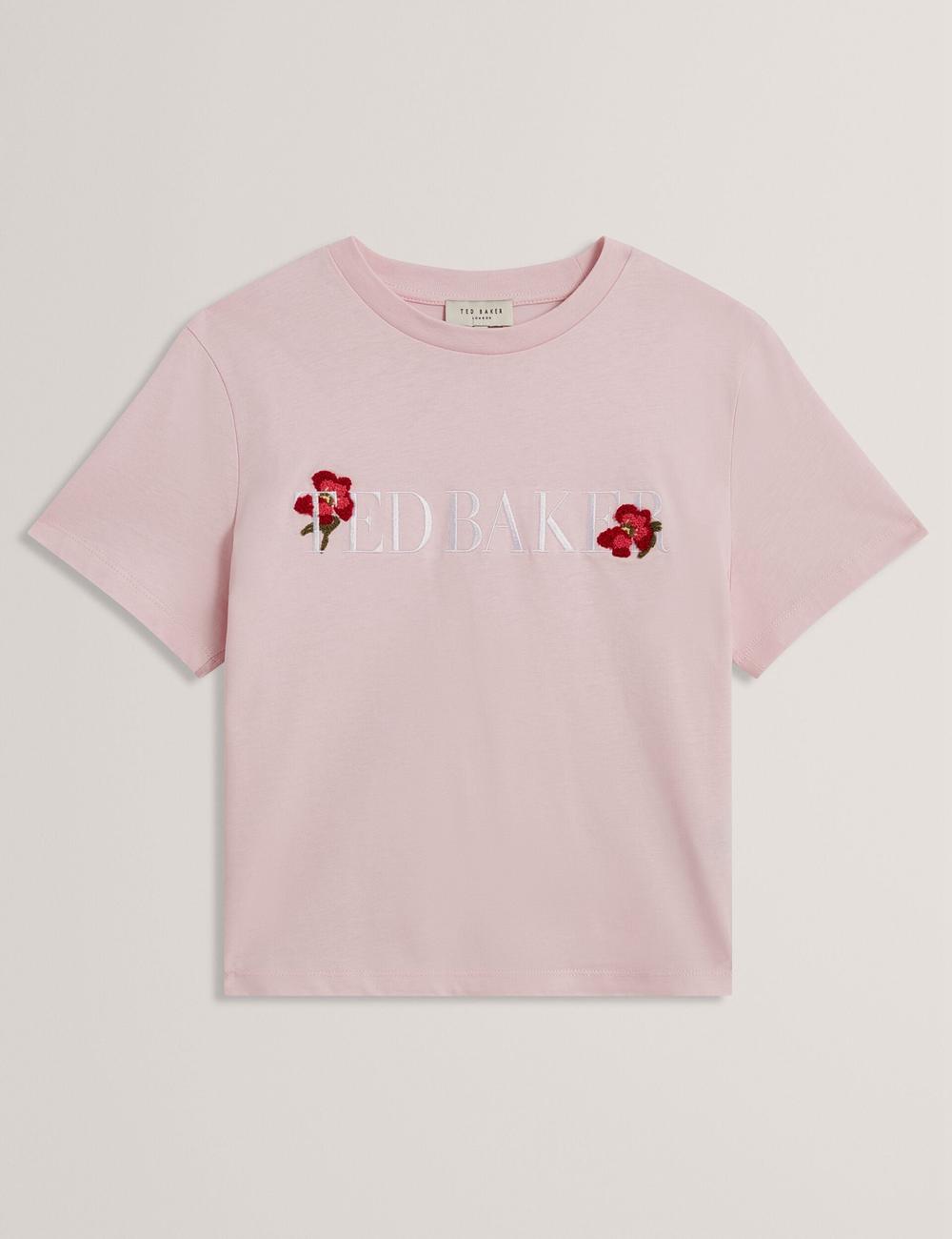 T Shirts Ted Baker MOLII - Embroidered Logo Cropped Cotton Femme Rose | Paris  48912-YHVD