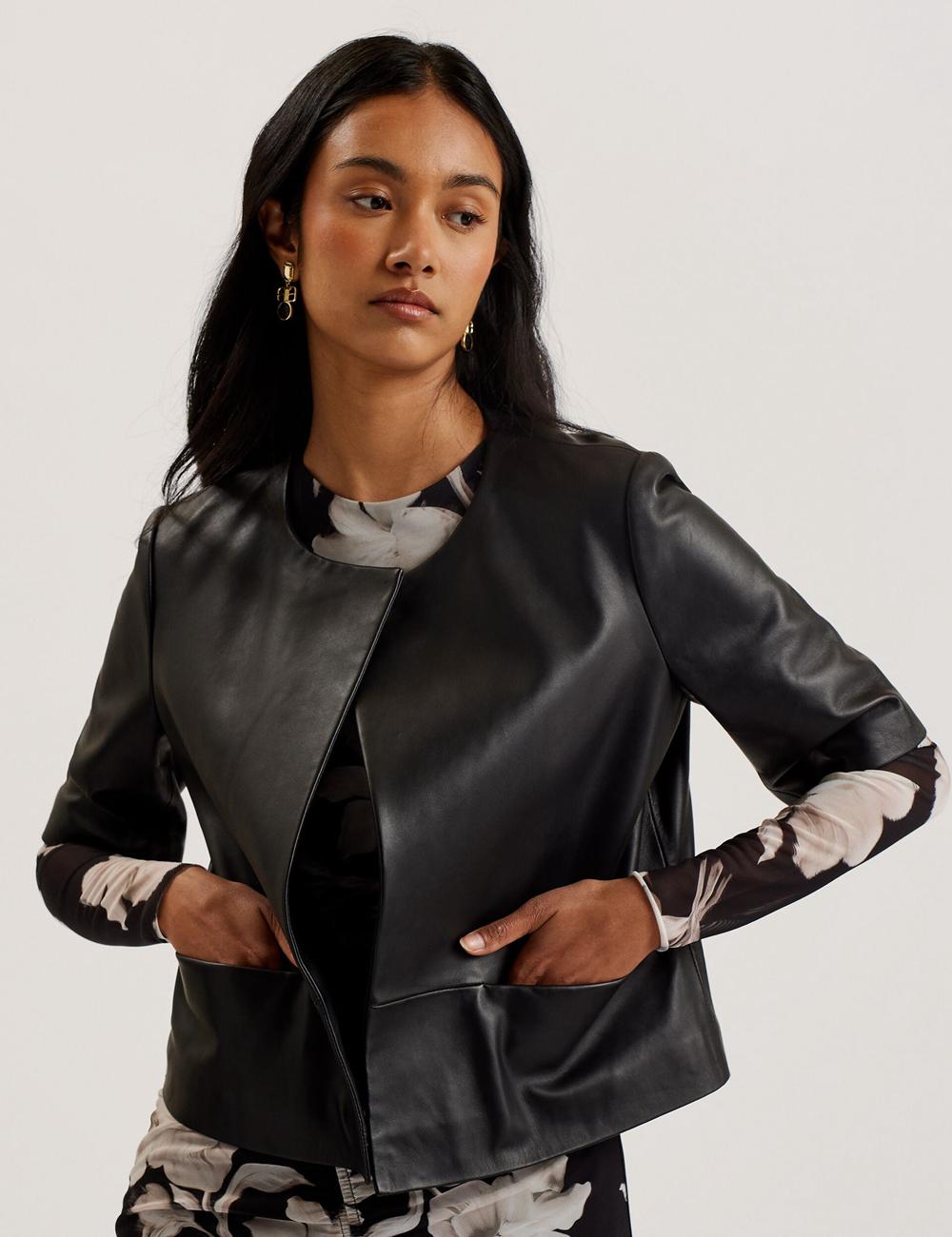 Vestes Ted Baker OBINO - Cropped Sleeve Open Leather Femme Noir | Paris  95673-FIKN