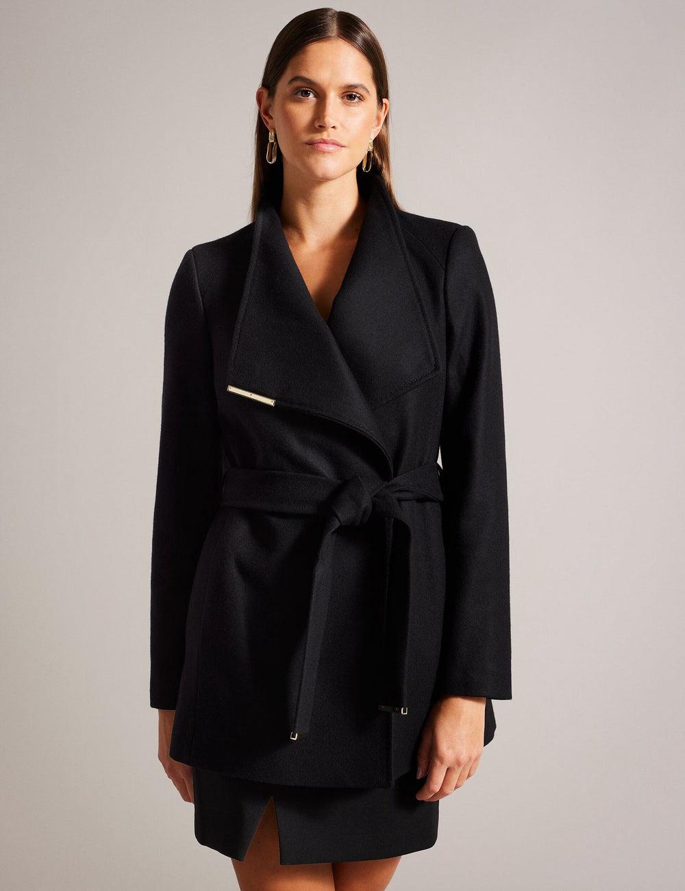 Vestes Ted Baker ROSESS - Short Belted Wool Wrap Coat Femme Noir | Paris  80524-JUDW